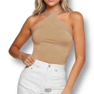 SHEIN BAE S Beige Criss‑Cross Halter Top NWT Cross Neck Y2K Clubwear Chic